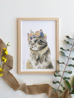 Illustration aquarelle Chat avec fleurs pour décorer chambre enfant