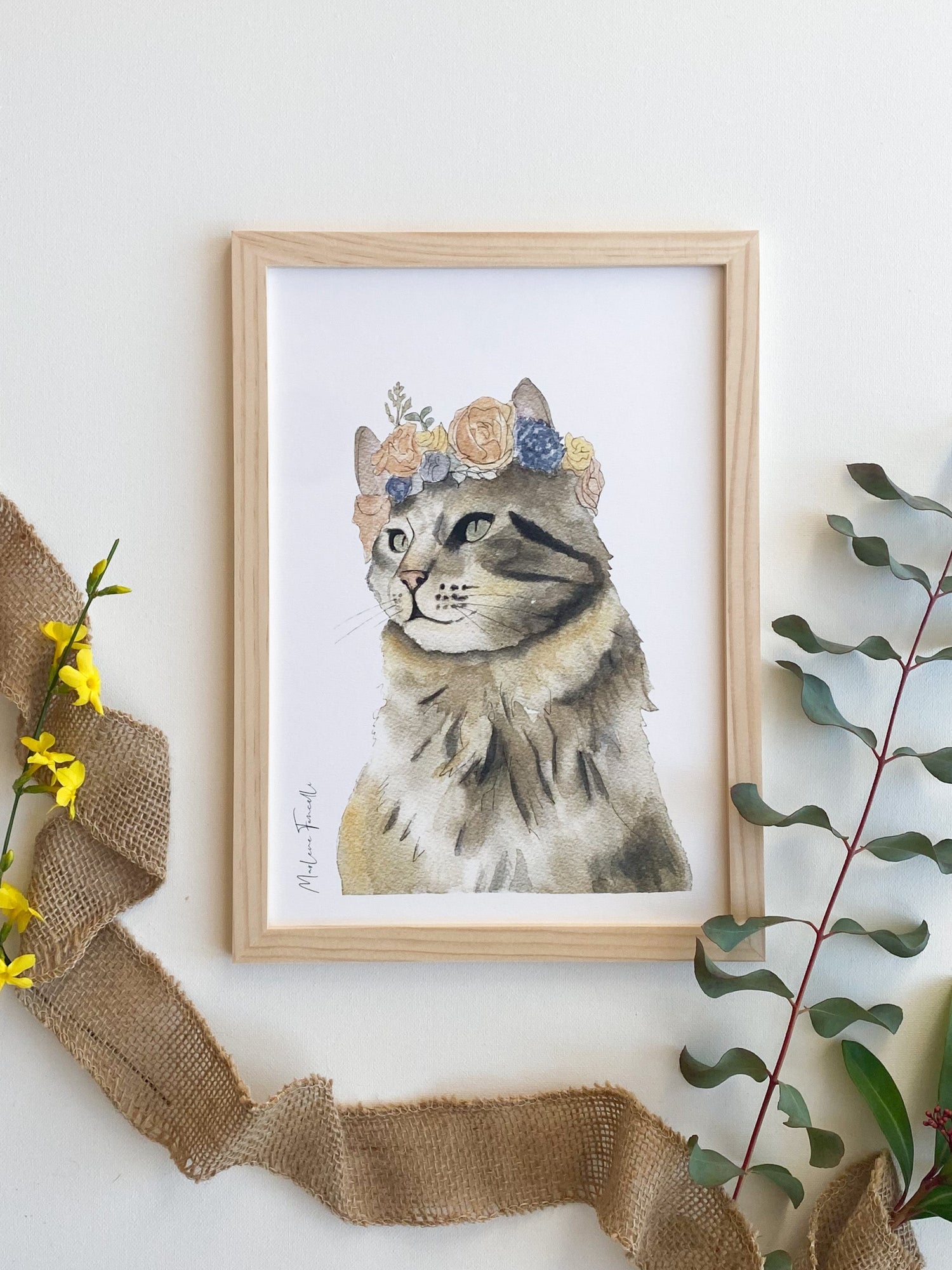 Illustration aquarelle Chat avec fleurs pour décorer chambre enfant