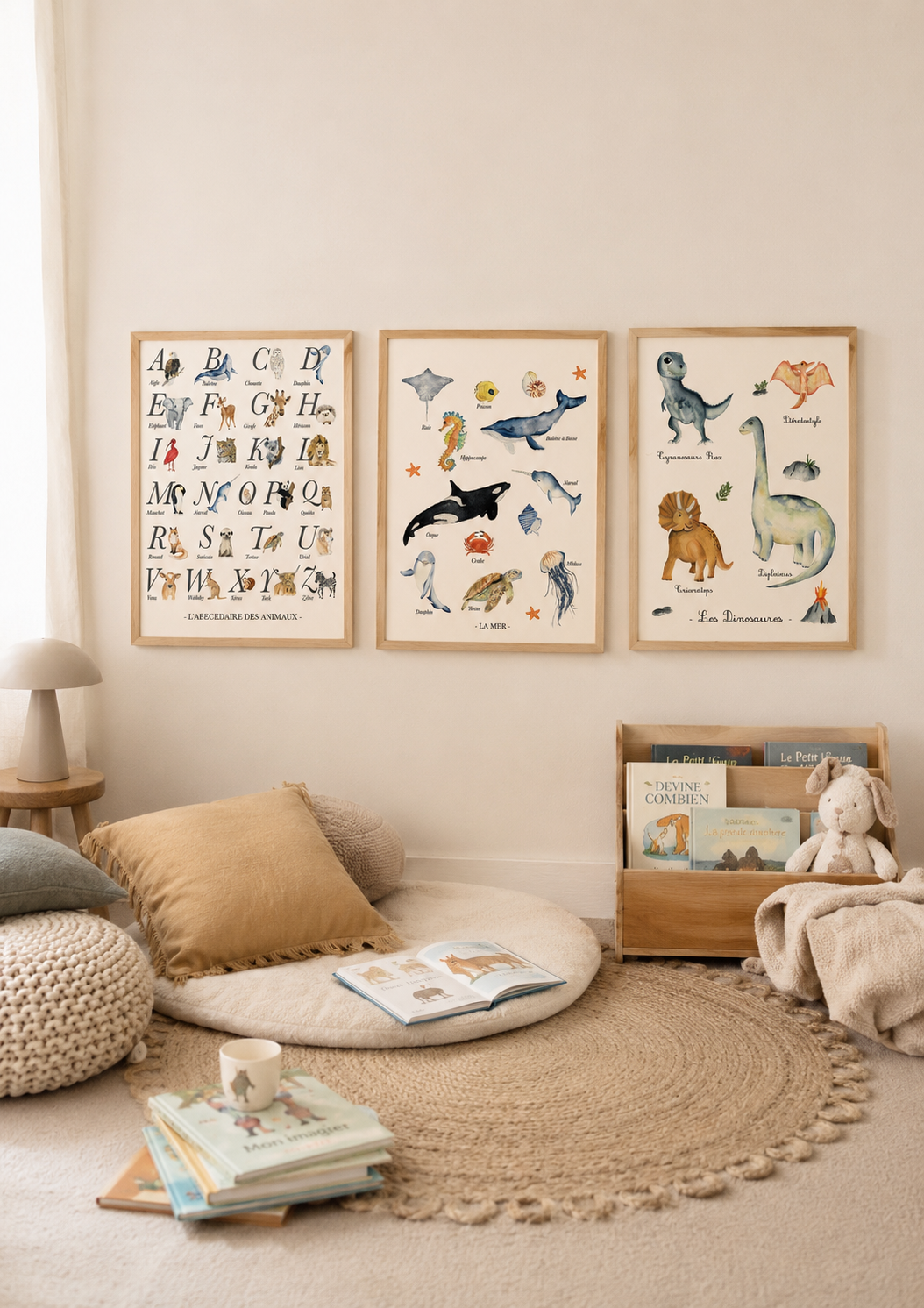 Poster éducatif pour chambre enfant, alphabet, animaux marins et dinosaures