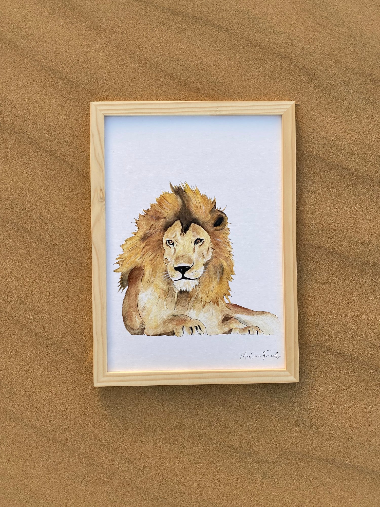 Cadre affiche aquarelle Lion Léo pour décorer une chambre d'enfant sur le thème de la savane