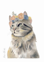 Illustration aquarelle Chat avec fleurs pour décorer chambre enfant