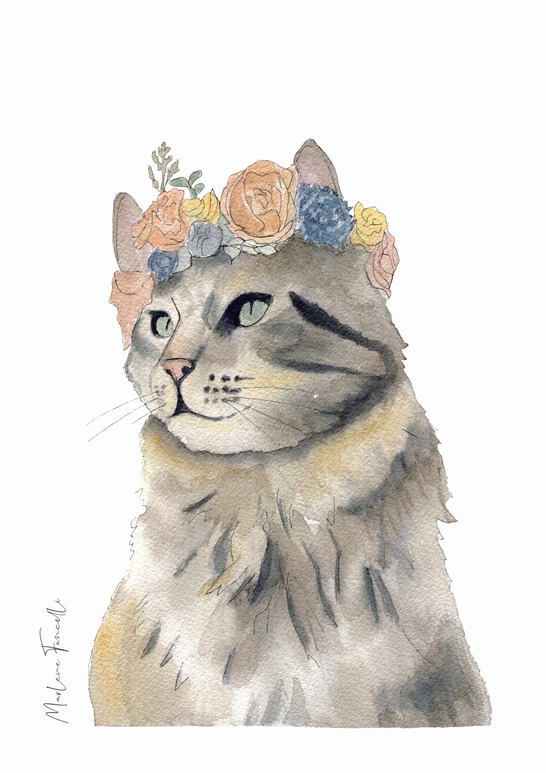 Illustration aquarelle Chat avec fleurs pour décorer chambre enfant