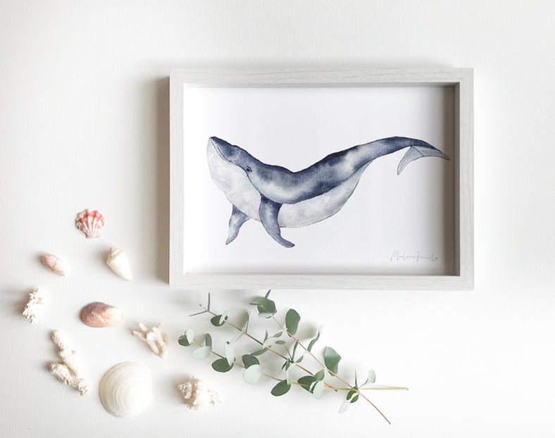 Cadre illustration aquarelle enfant d’une baleine idéal pour décorer une chambre d’enfant sur le thème de l’océan 