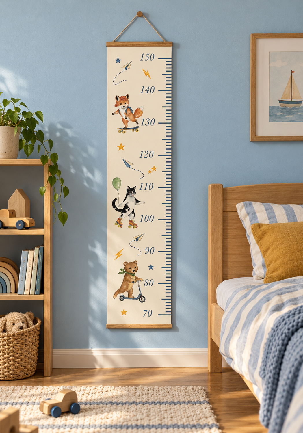 toise  murale enfant illustrée  à l'aquarelle pour une décoration chambre bébé  garcon
