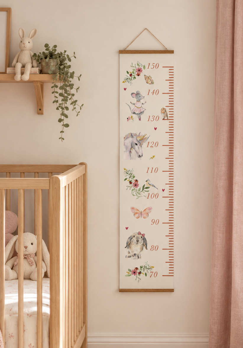 toise chambre fille rose avec licorne, lapin, danseuse