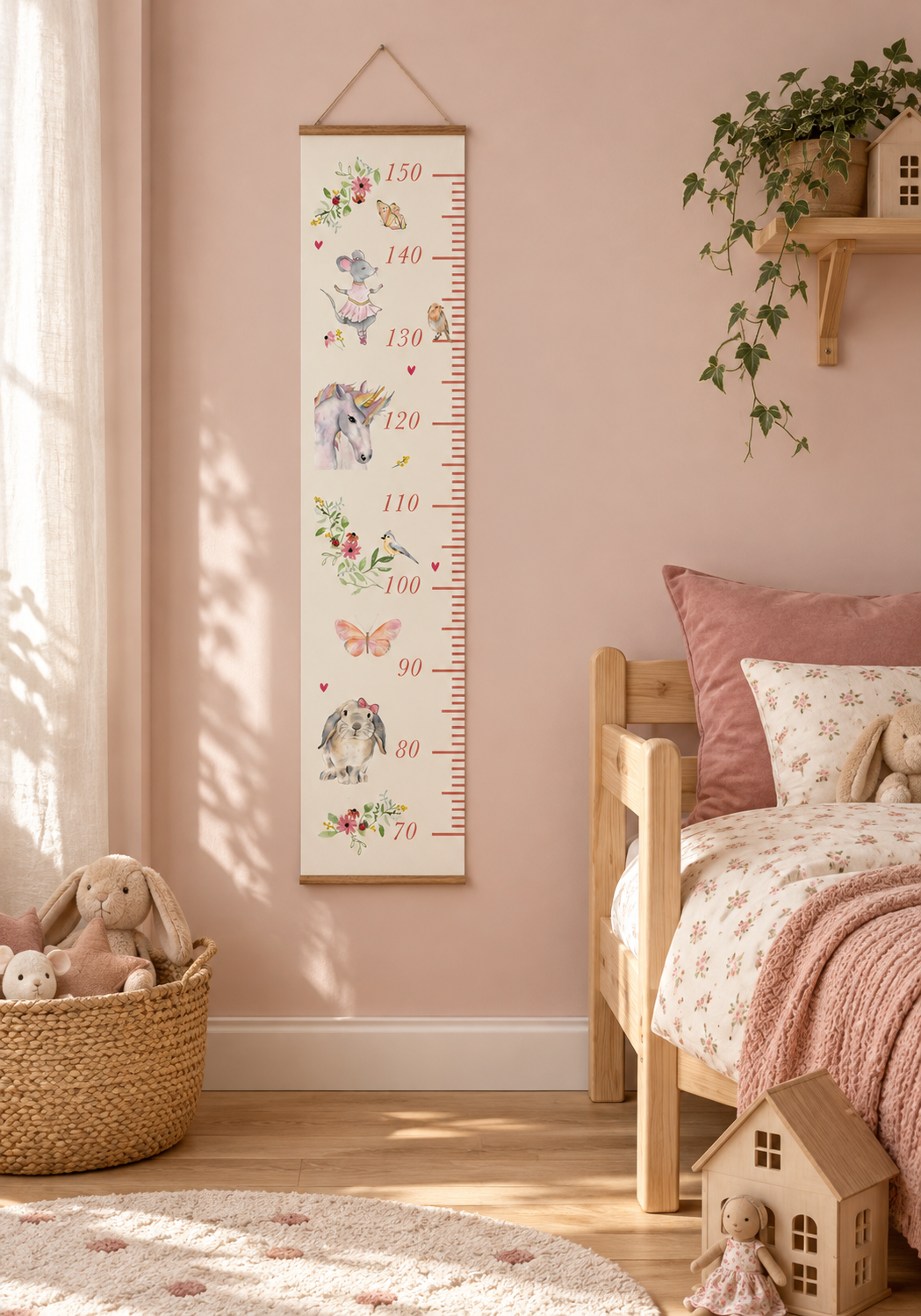 toise chambre fille rose avec licorne, lapin, danseuse