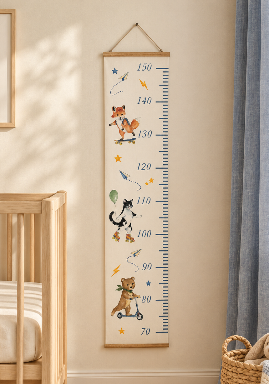 toise  murale enfant illustrée  à l'aquarelle pour une décoration chambre bébé  garcon bleu