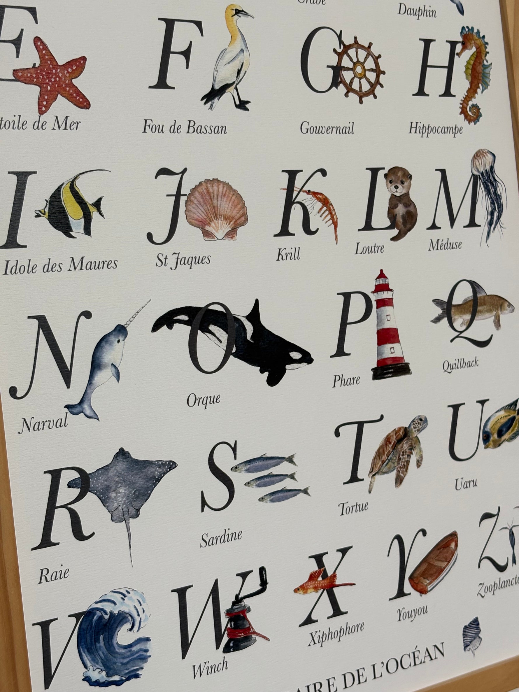 Abécédaire marin aquarelle avec lettres et animaux de l’océan pour chambre enfant