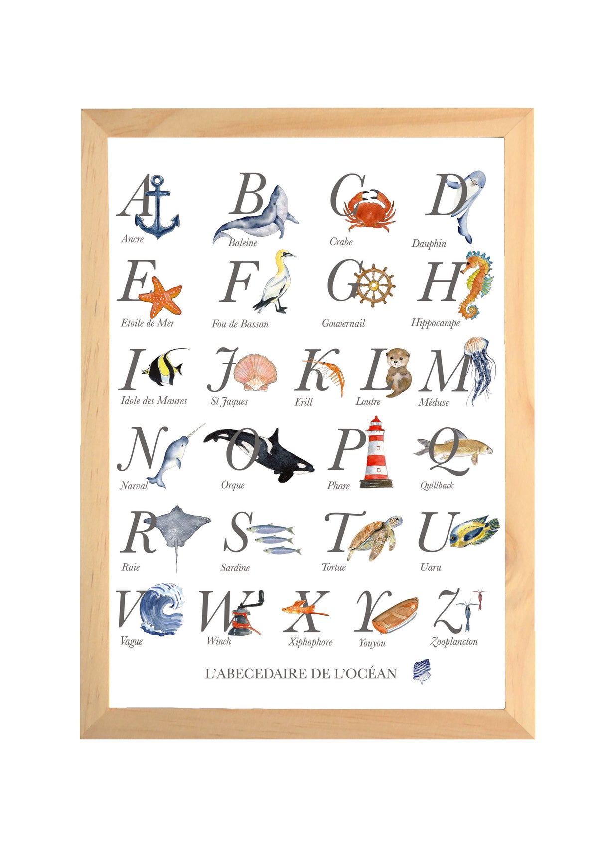 Abécédaire océan aquarelle avec animaux marins pour décoration de chambre bébé et enfant