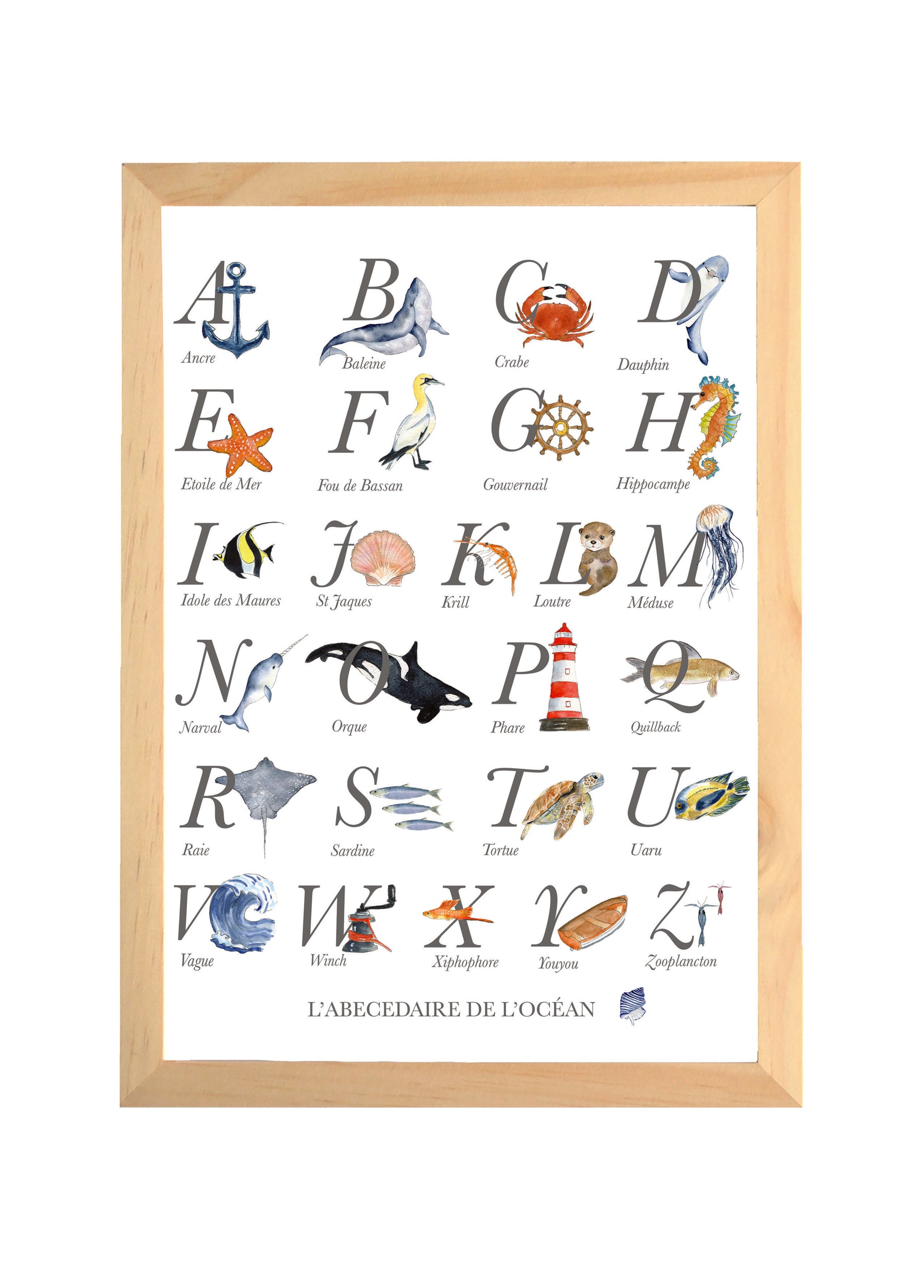 Abécédaire océan aquarelle avec animaux marins pour décoration de chambre bébé et enfant