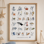 Affiche éducative alphabet océan aquarelle avec baleine, tortue et dauphin pour chambre enfant