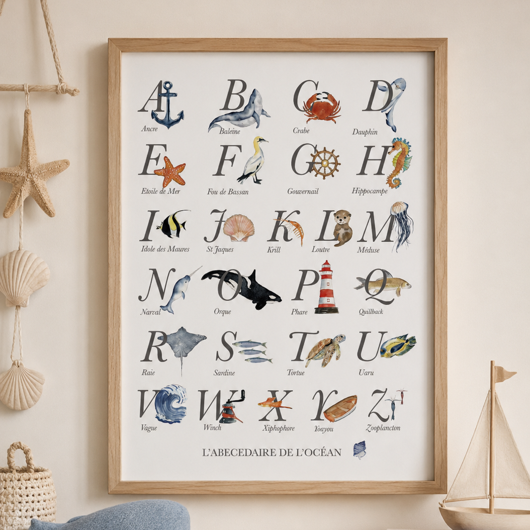 Affiche éducative alphabet océan aquarelle avec baleine, tortue et dauphin pour chambre enfant
