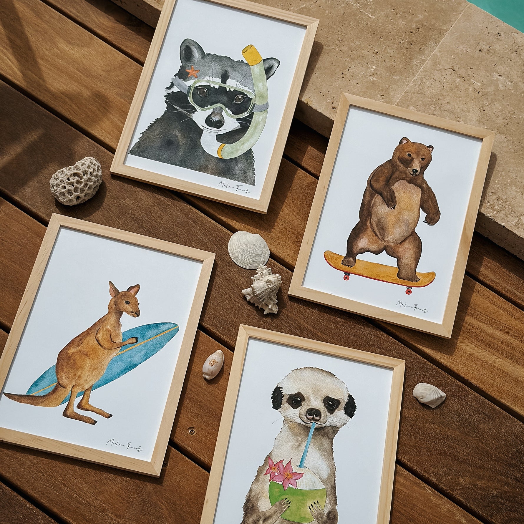 affiche raton laveur , ours skate, kangourou  surf, suricate coco, décoration mer chambre enfant