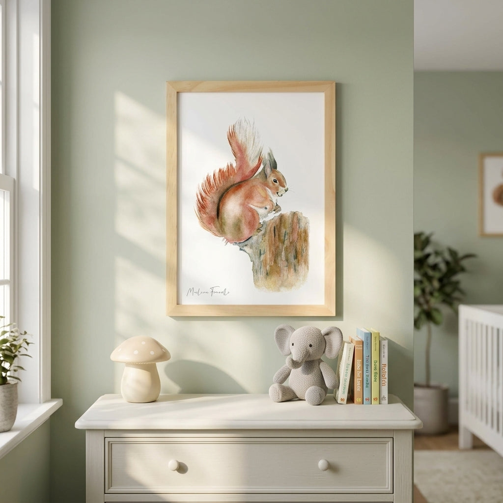 cadre animaux de la foret, écureuil peint à l'aquarelle