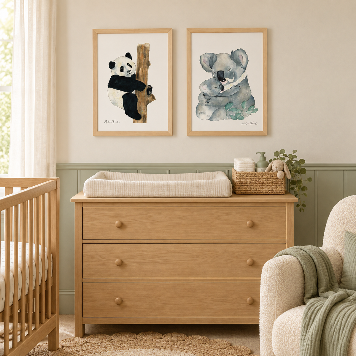 Poster panda et koala pour chambre bébé et enfant thème savane et jungle