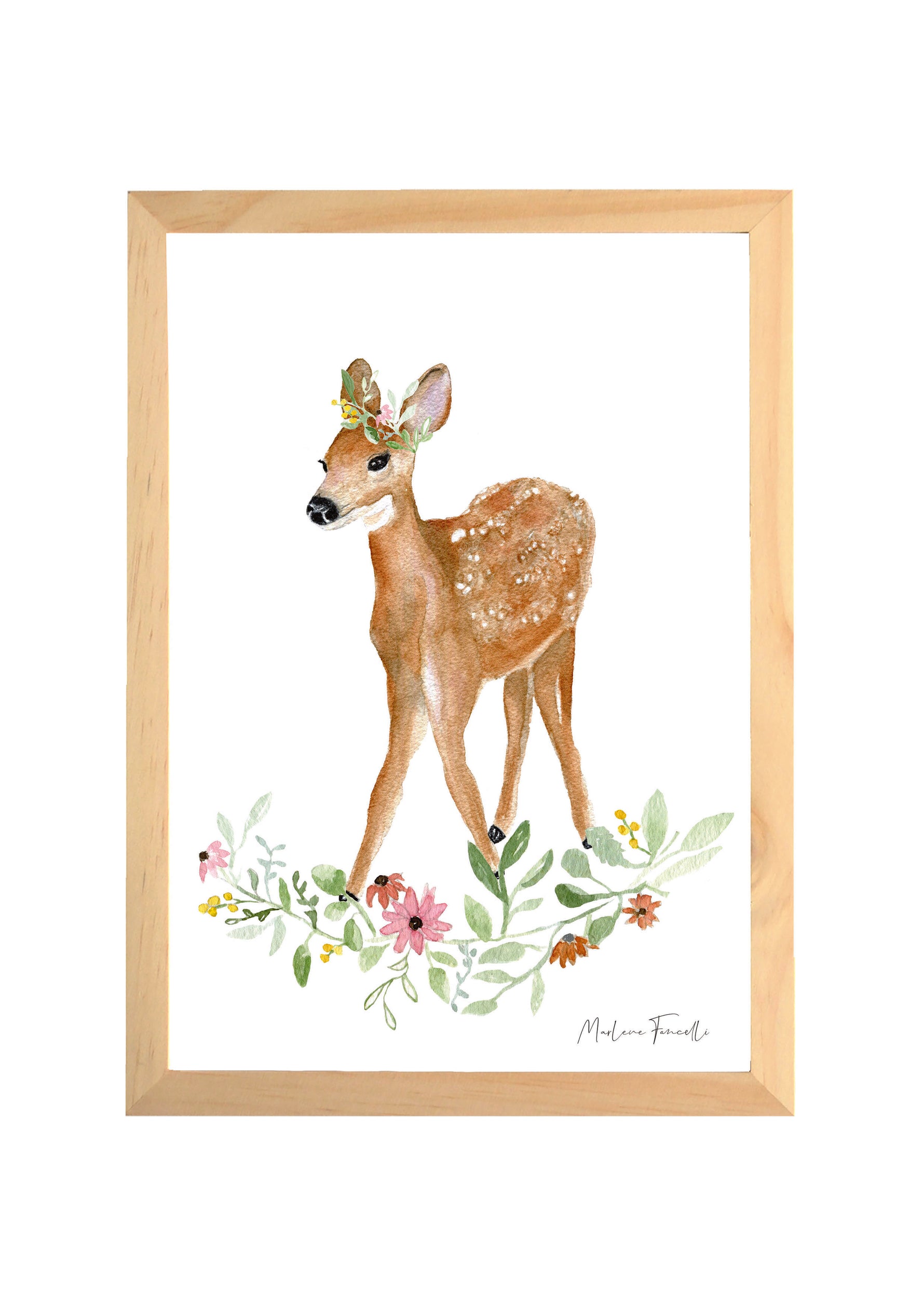 affiche biche couronne de fleurs aquarelle chambre bébé