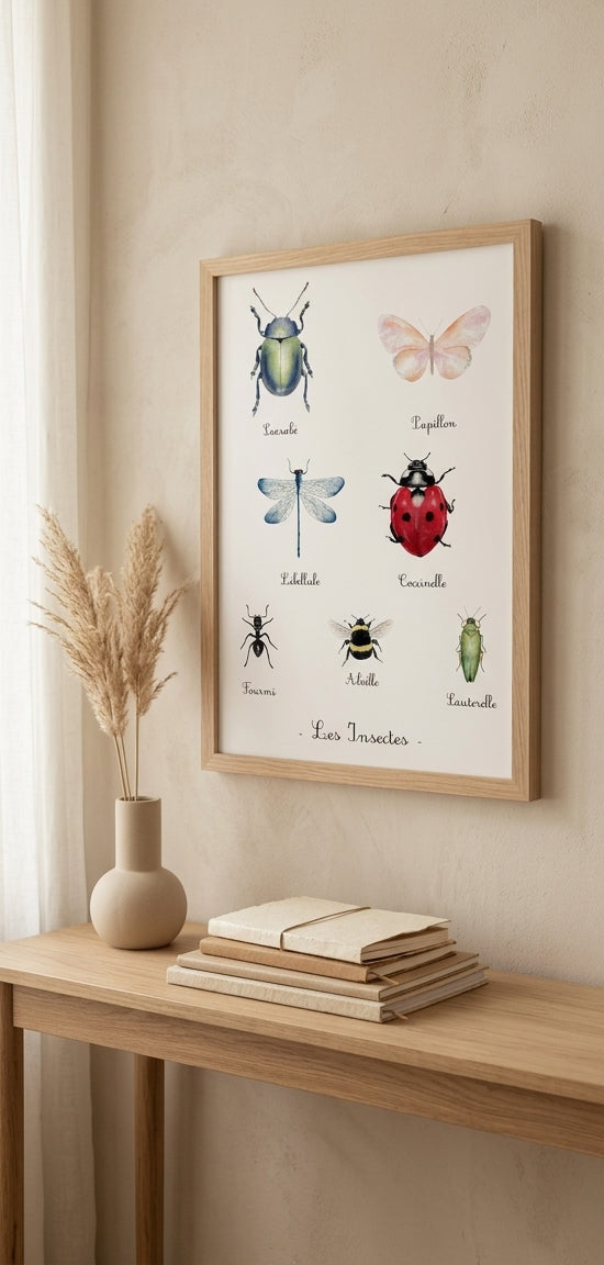 Illustration aquarelle d'insectes pour décoration murale thème nature dans une chambre de bébé.