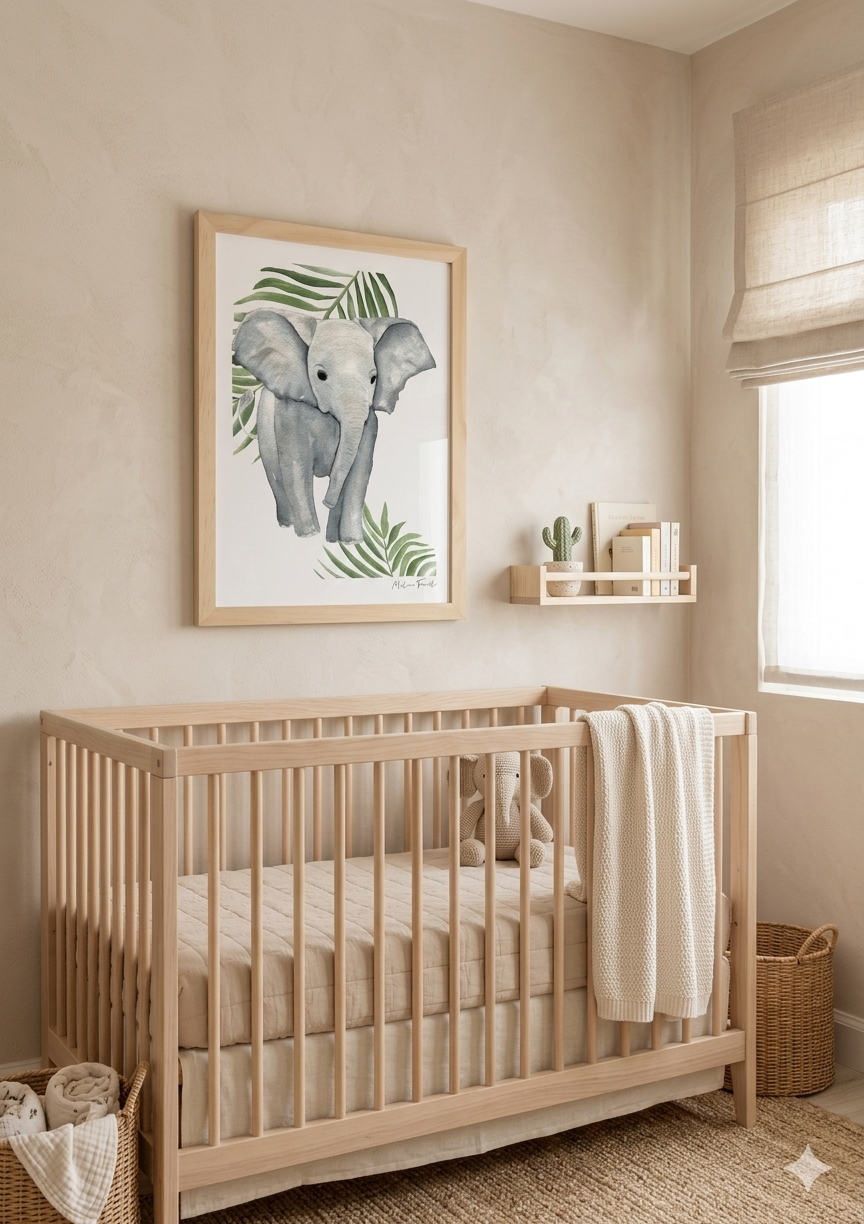 Poste éléphant avec feuilles dans une chambre d'enfant