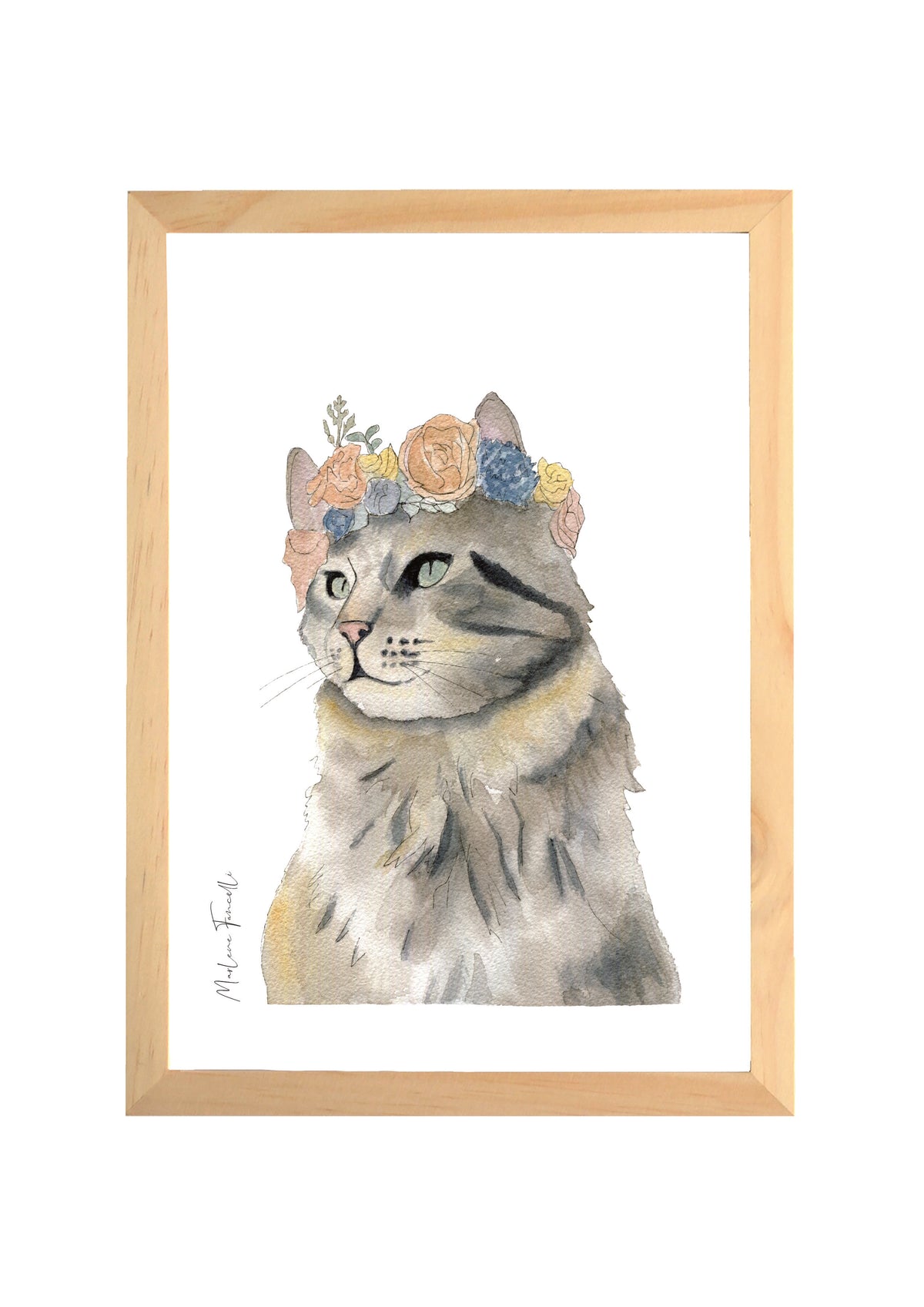 Affiche chat couronne de fleurs aquarelle pour chambre bébé, illustration animale douce et poétique