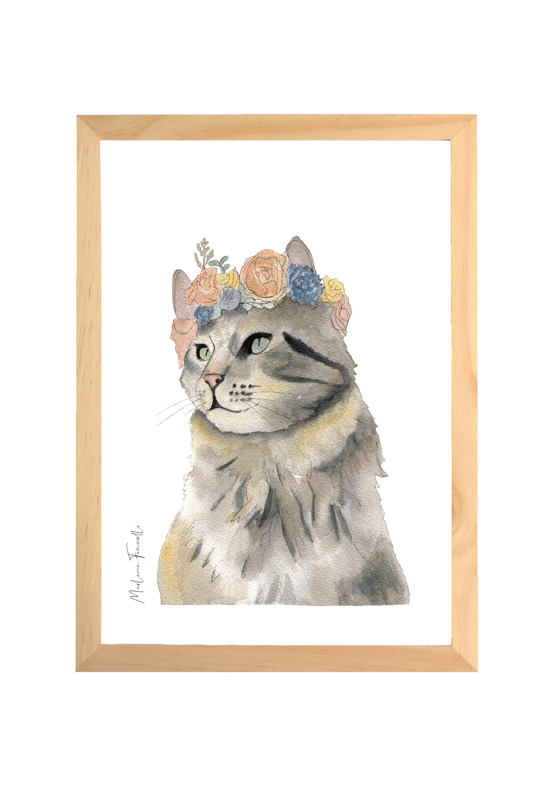 Affiche chat couronne de fleurs aquarelle pour chambre bébé, illustration animale douce et poétique