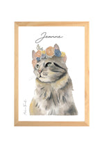 Illustration aquarelle Chat avec fleurs pour décorer chambre enfant à personnaliser avec un prénom