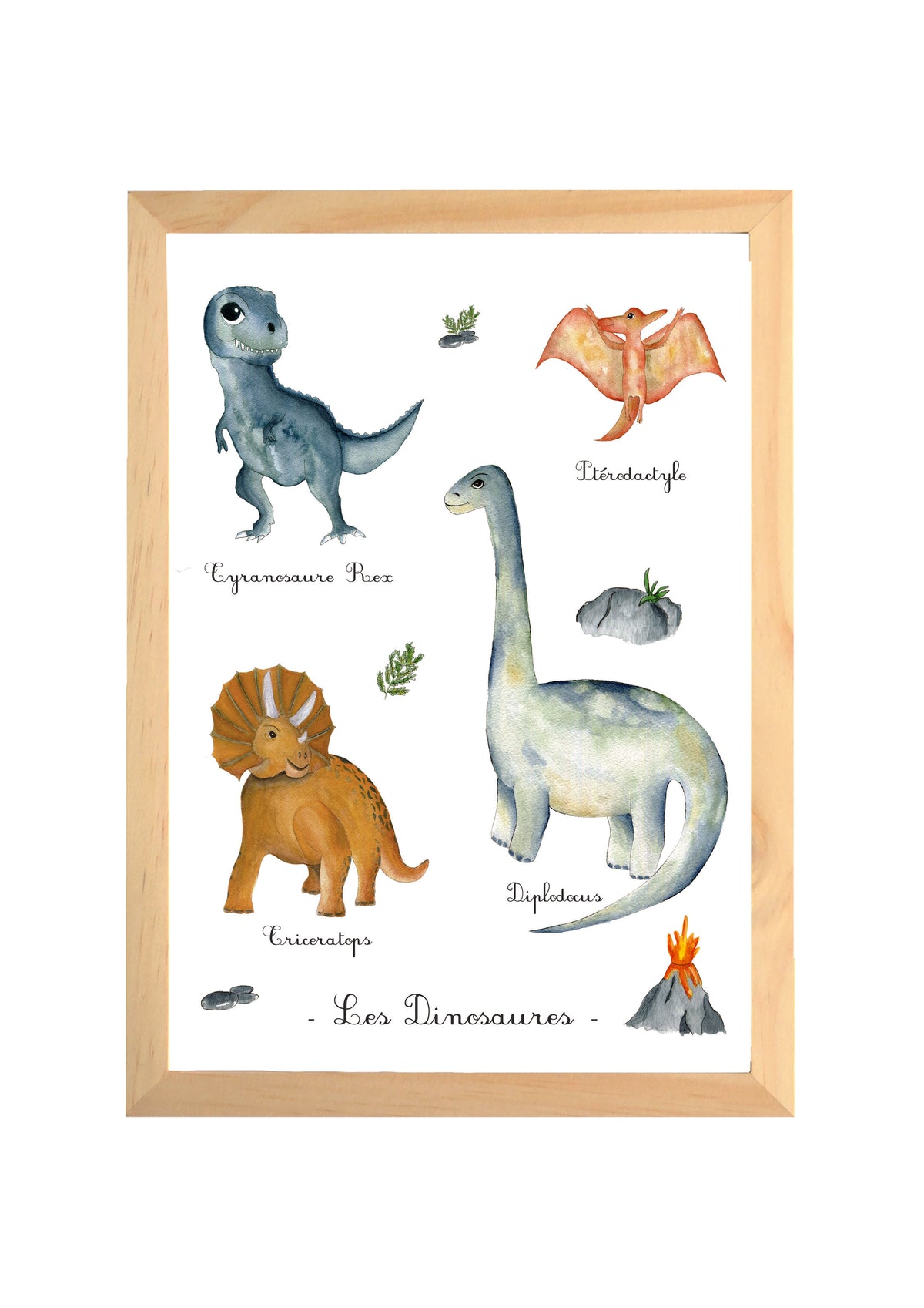 Affiche dinosaures aquarelle pour chambre bébé avec T-Rex, Diplodocus, Tricératops et Ptérodactyle peints à la main