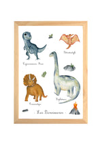 Affiche dinosaures aquarelle pour chambre bébé avec T-Rex, Diplodocus, Tricératops et Ptérodactyle peints à la main