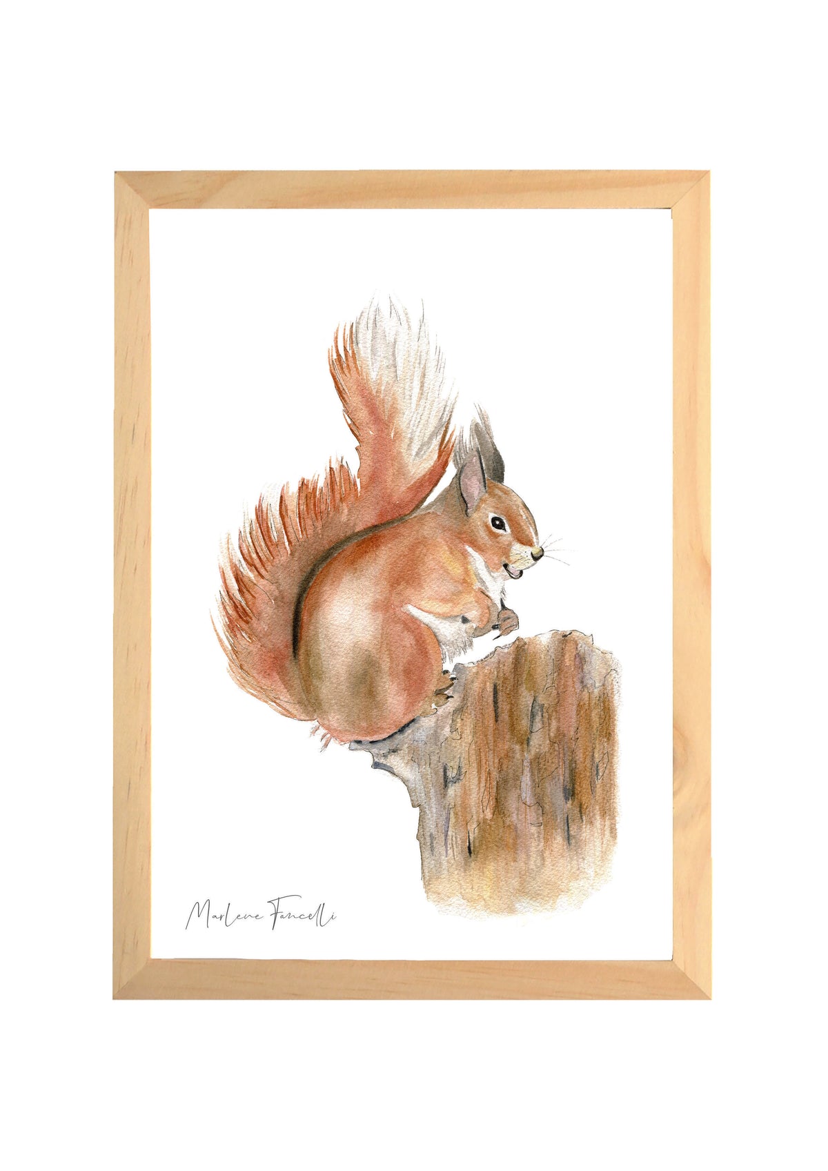 Cadre avec affiche aquarelle écureuil pour décorer une chambre enfant dans le thème de la forêt.