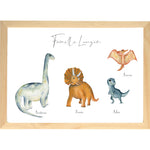 Affiche famille dinosaure personnalisée à l’aquarelle