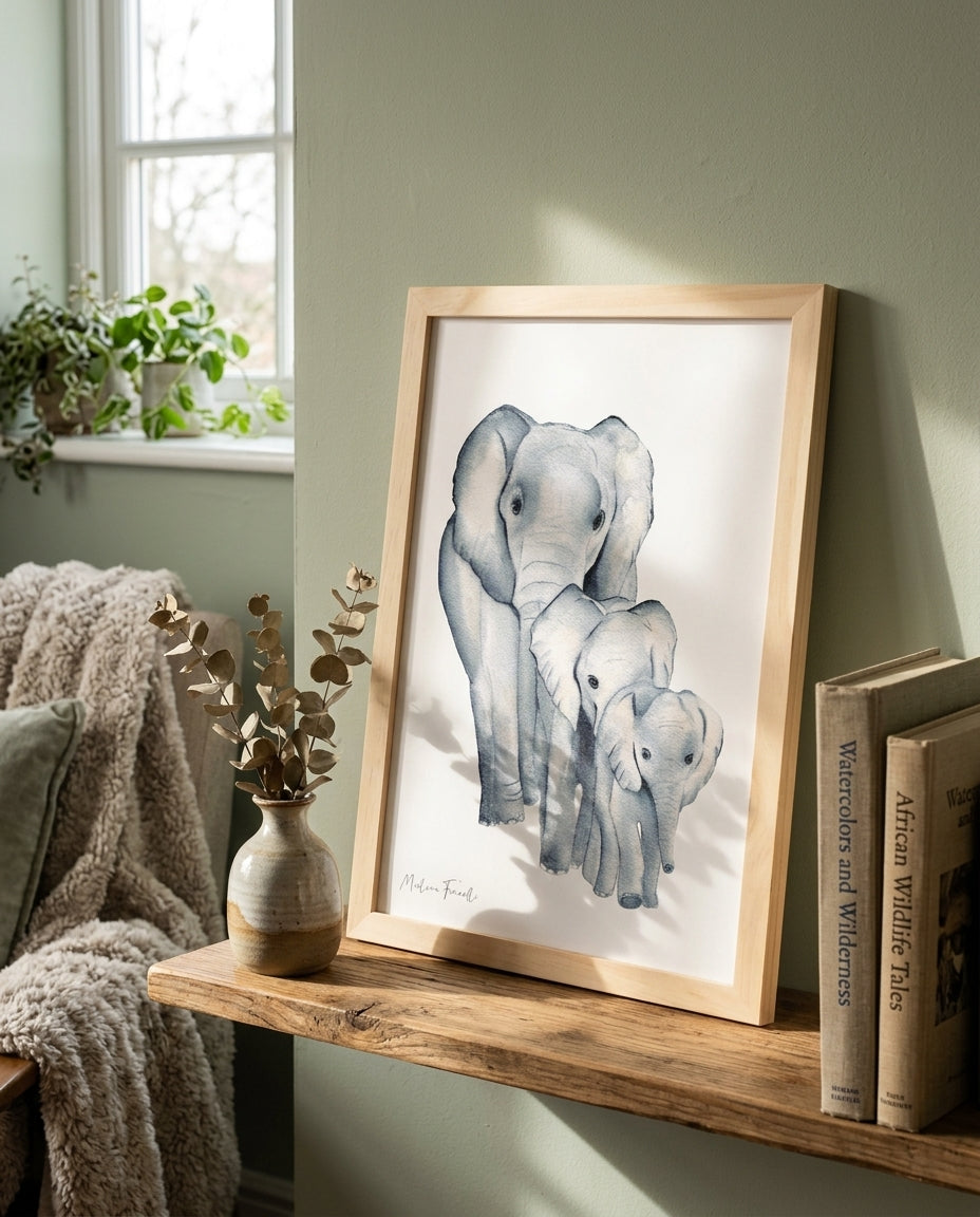 Poster famille elephant pour chambre bébé et enfant décoration safari