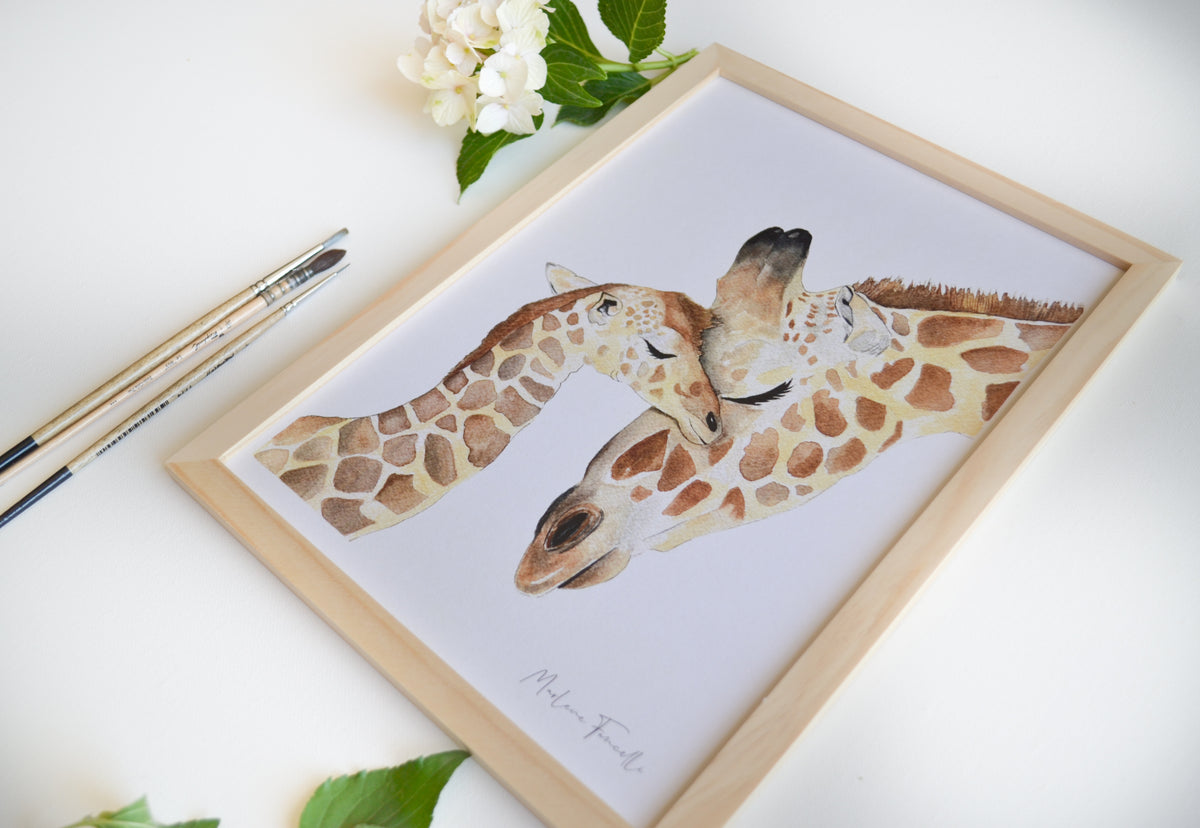 Affiche famille girafe aquarelle idéale en cadeau de naissance