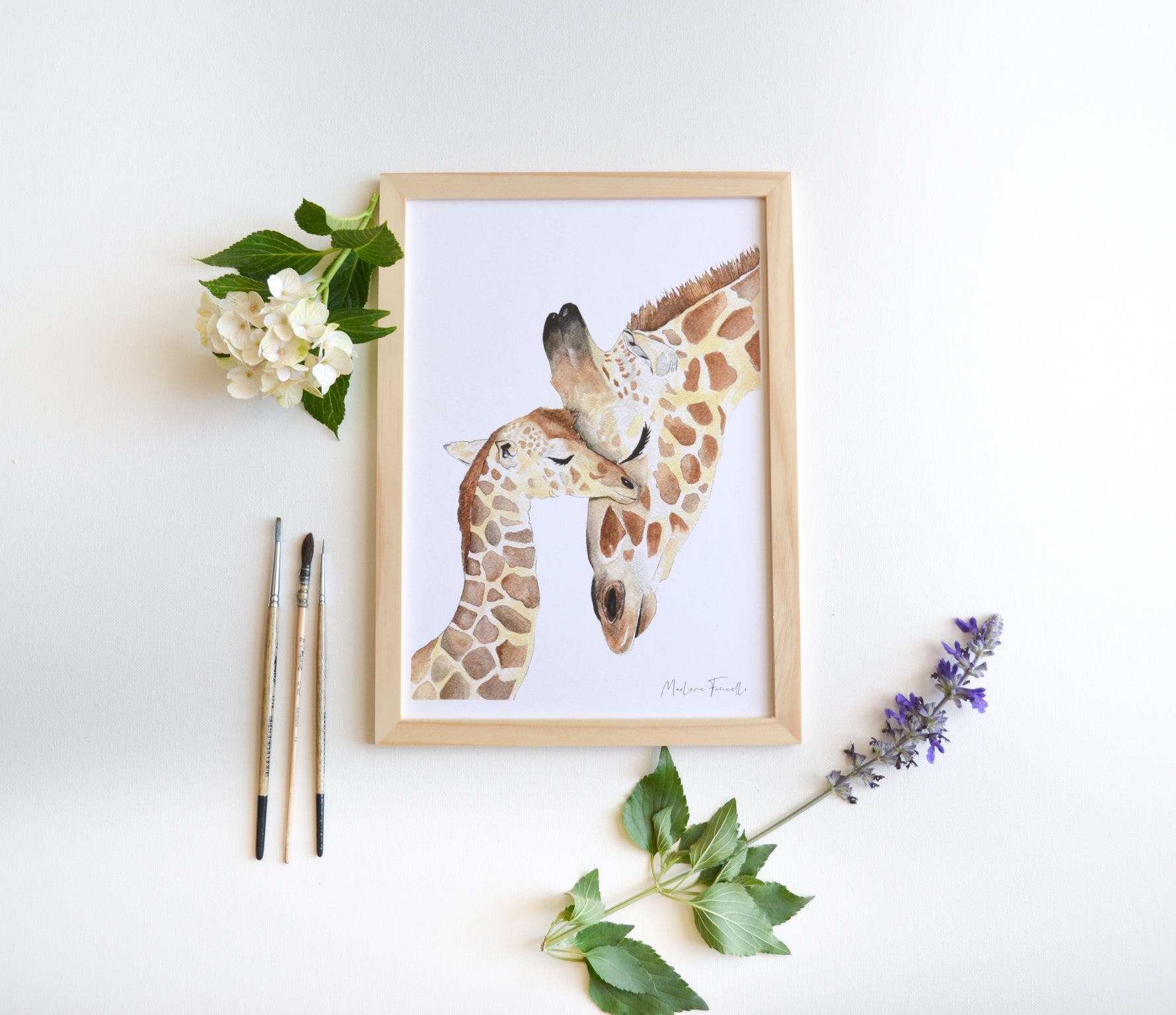 Affiche famille girafe aquarelle décoration murale chambre d’enfant