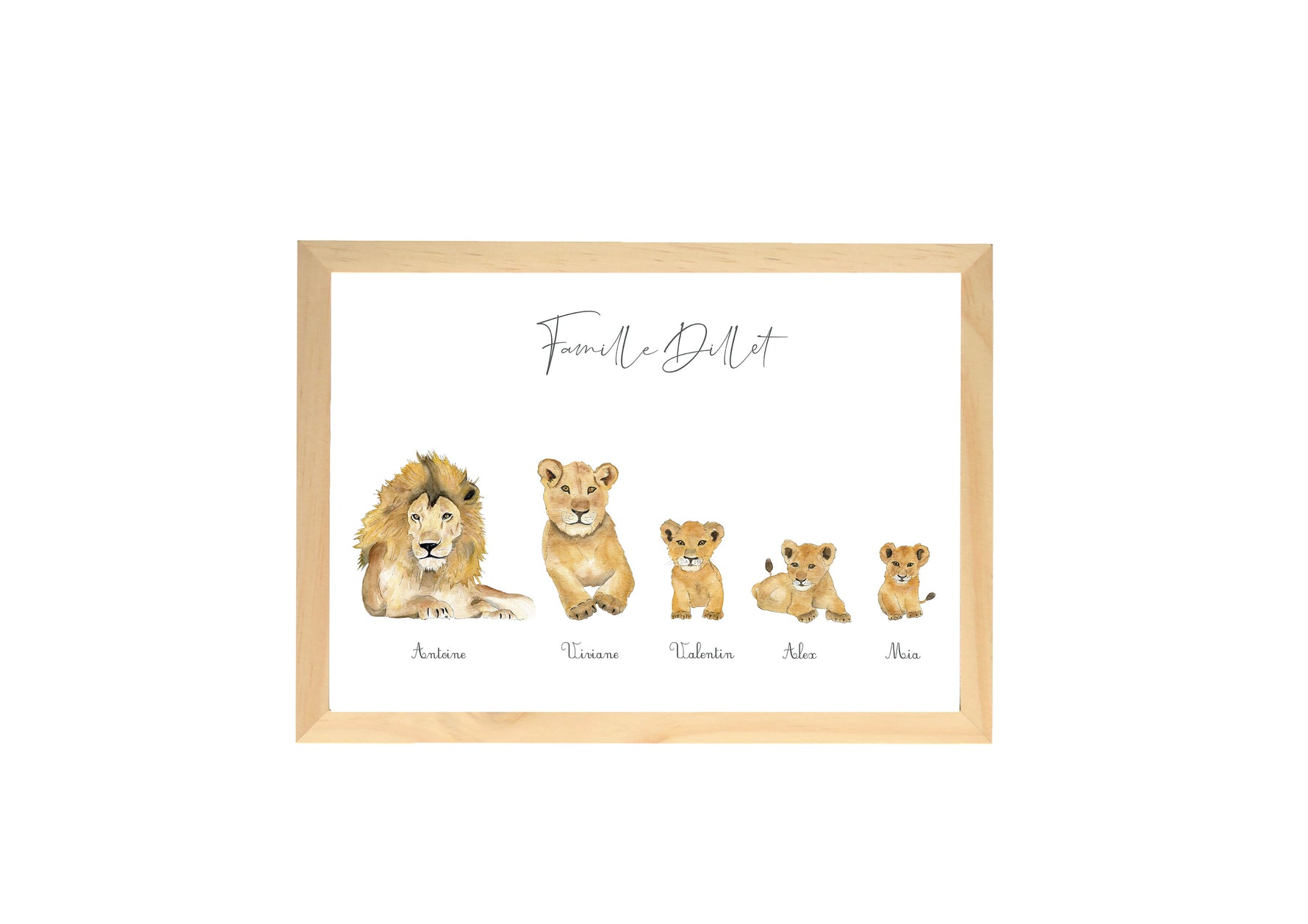 Illustration famille lion avec prénom et nom personnalisés- Décoration chambre enfant et bébé