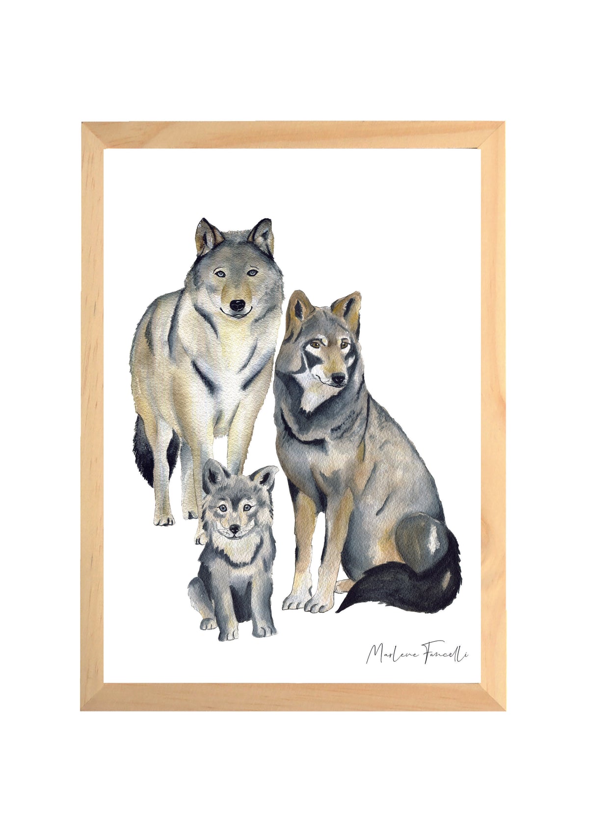 Affiche famille loup personnalisée en aquarelle pour chambre enfant
