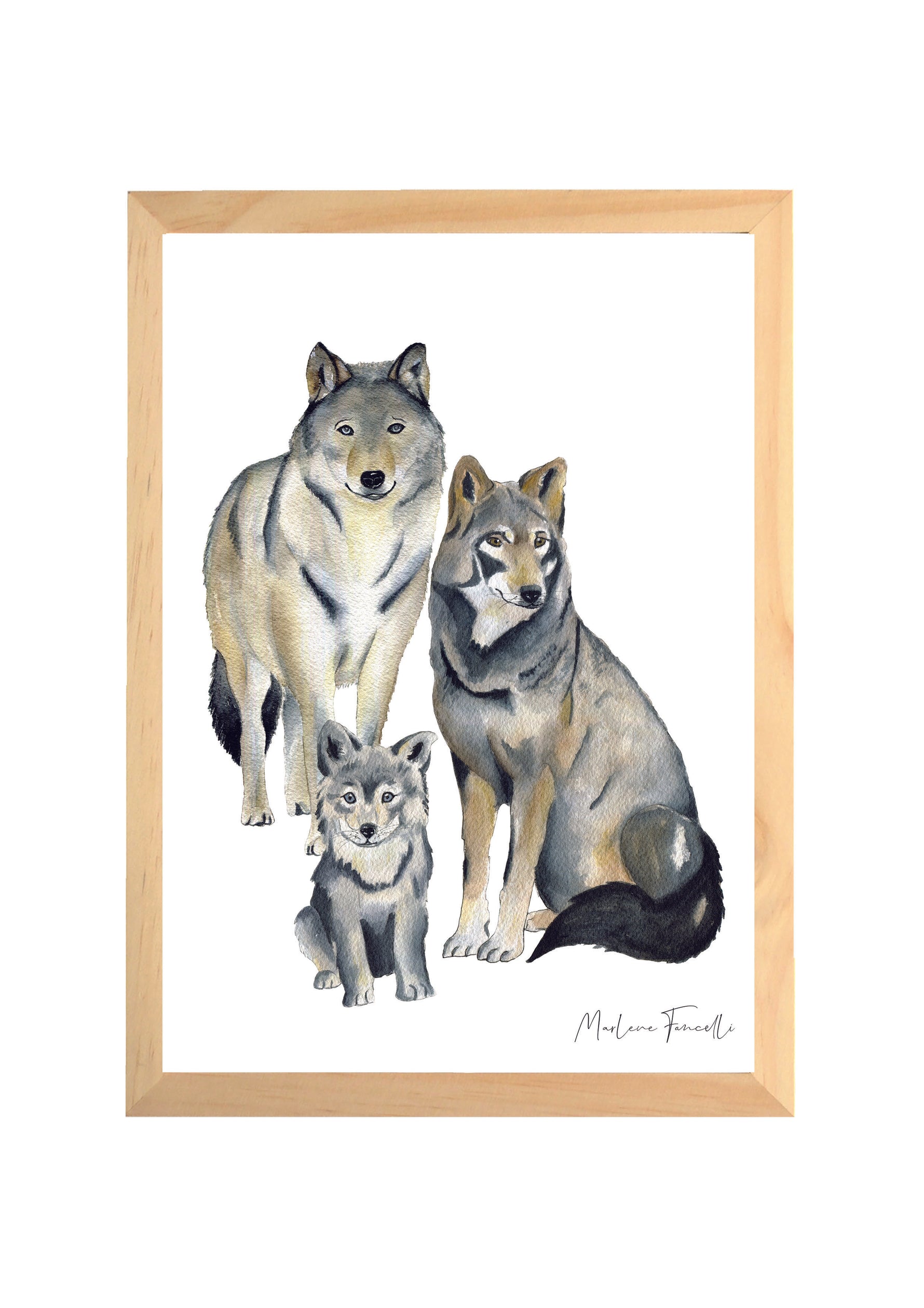 Affiche famille loup personnalisée en aquarelle pour chambre enfant
