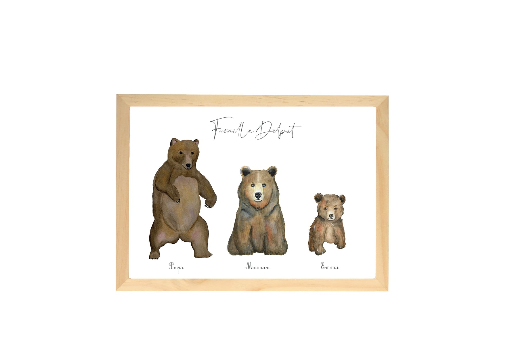 Illustration aquarelle famille Ours brun à personnaliser - Décoration chambre enfant et bébé