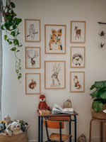 Poster aquarelle animaux de la forêt renard, écureuil, cerf, hérisson, biche idéal pour décorer la chambre d'un bébé et enfant