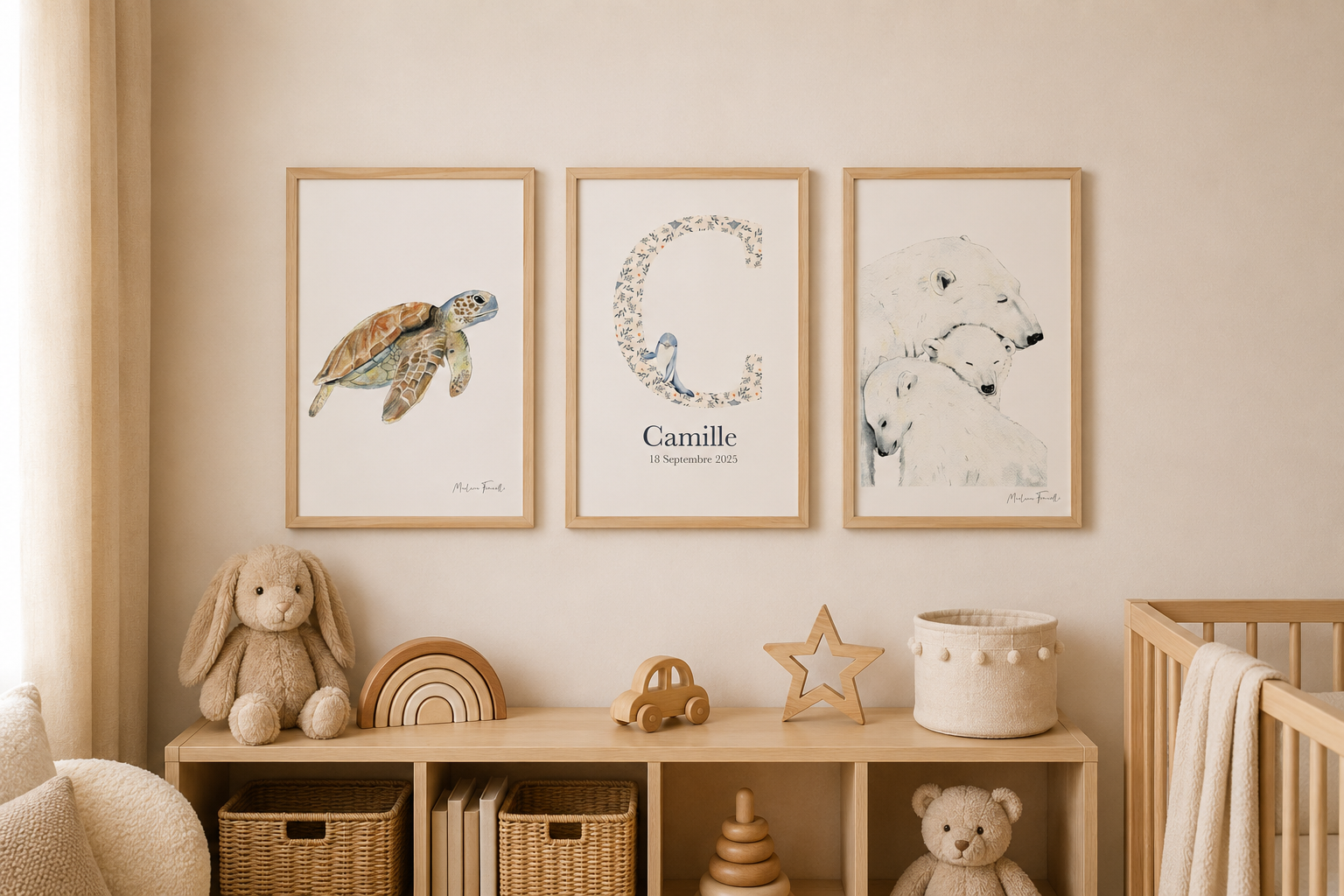 Affiche initiale personnalisée avec dauphin aquarelle, prénom et date de naissance de bébé