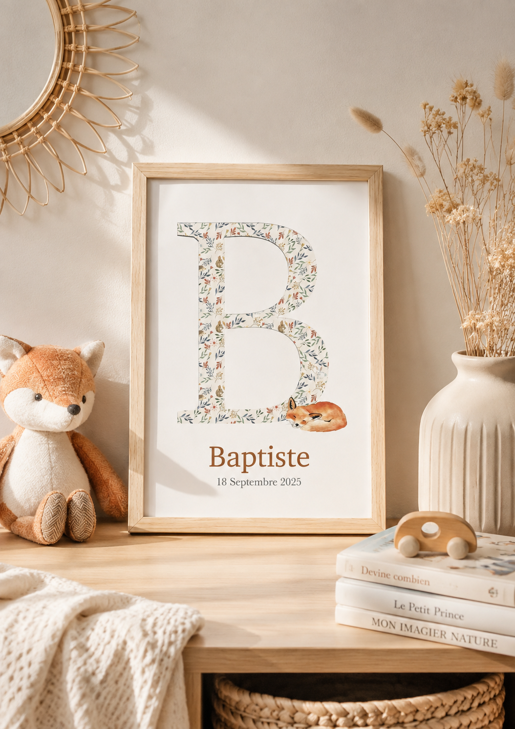 Affiche initiale personnalisée aquarelle thème forêt avec prénom de l’enfant et date de naissance