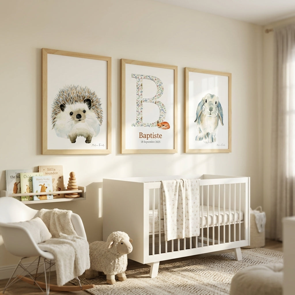 Affiche initiale et prénom personnalisés thème forêt dans un cadre en bois pour chambre de bébé