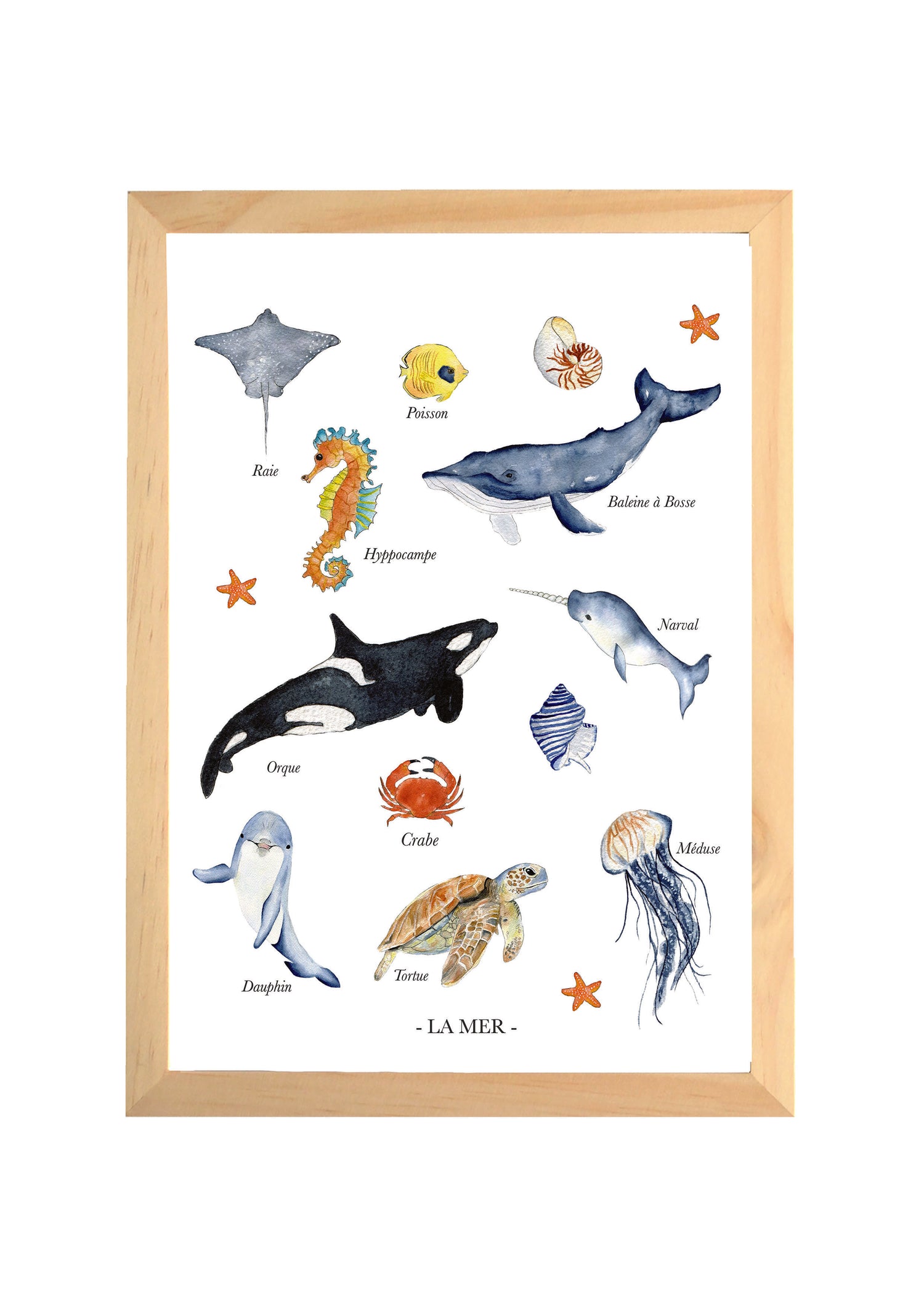 Affiche La Mer aquarelle pour chambre bébé représentant baleine, hippocampe, poissons et animaux marins dans un univers océan doux et poétique.