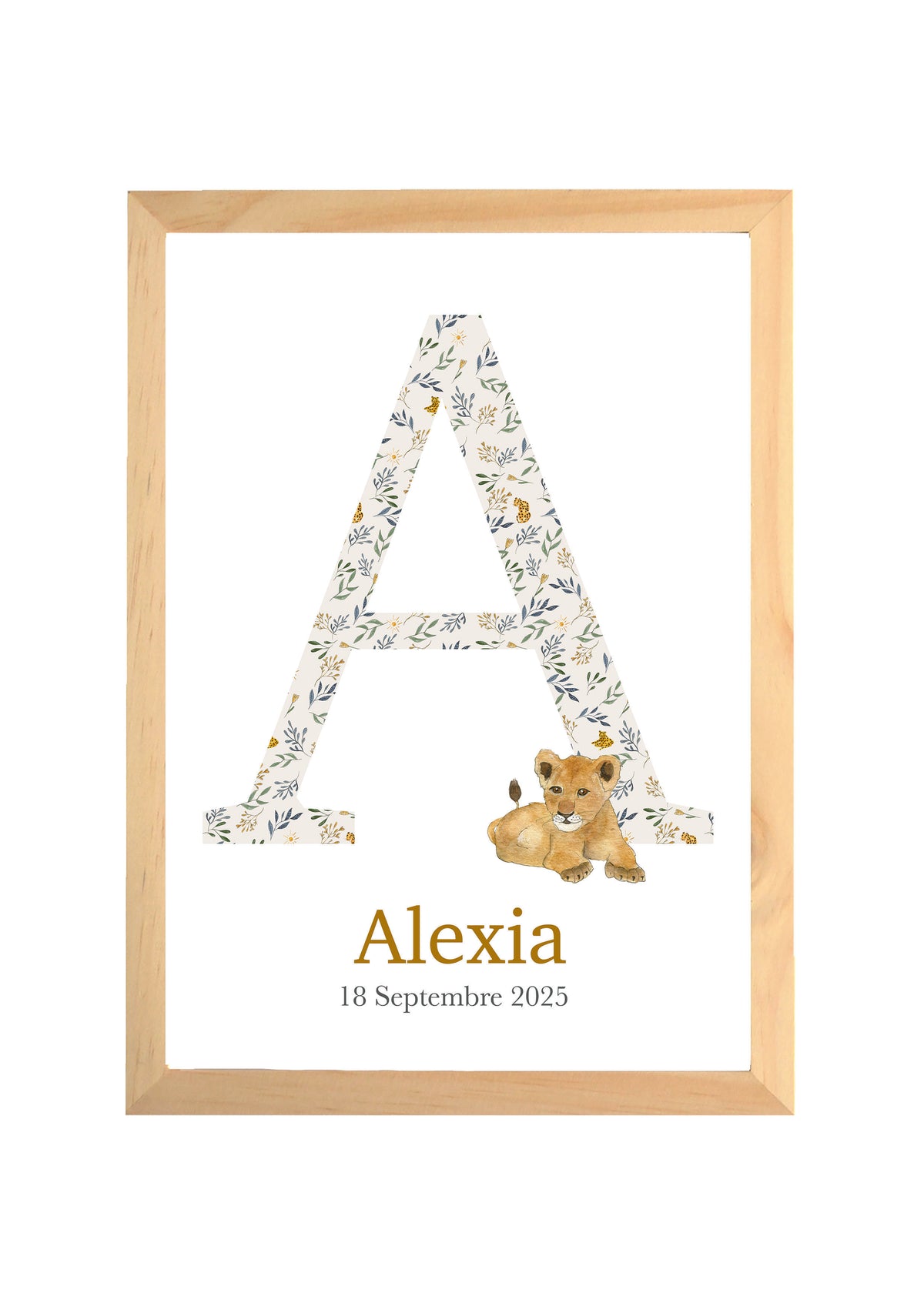 Affiche lettre prénom personnalisée pour bébé avec initiale fleurie, petit lion aquarelle, prénom et date de naissance, cadre bois inclus