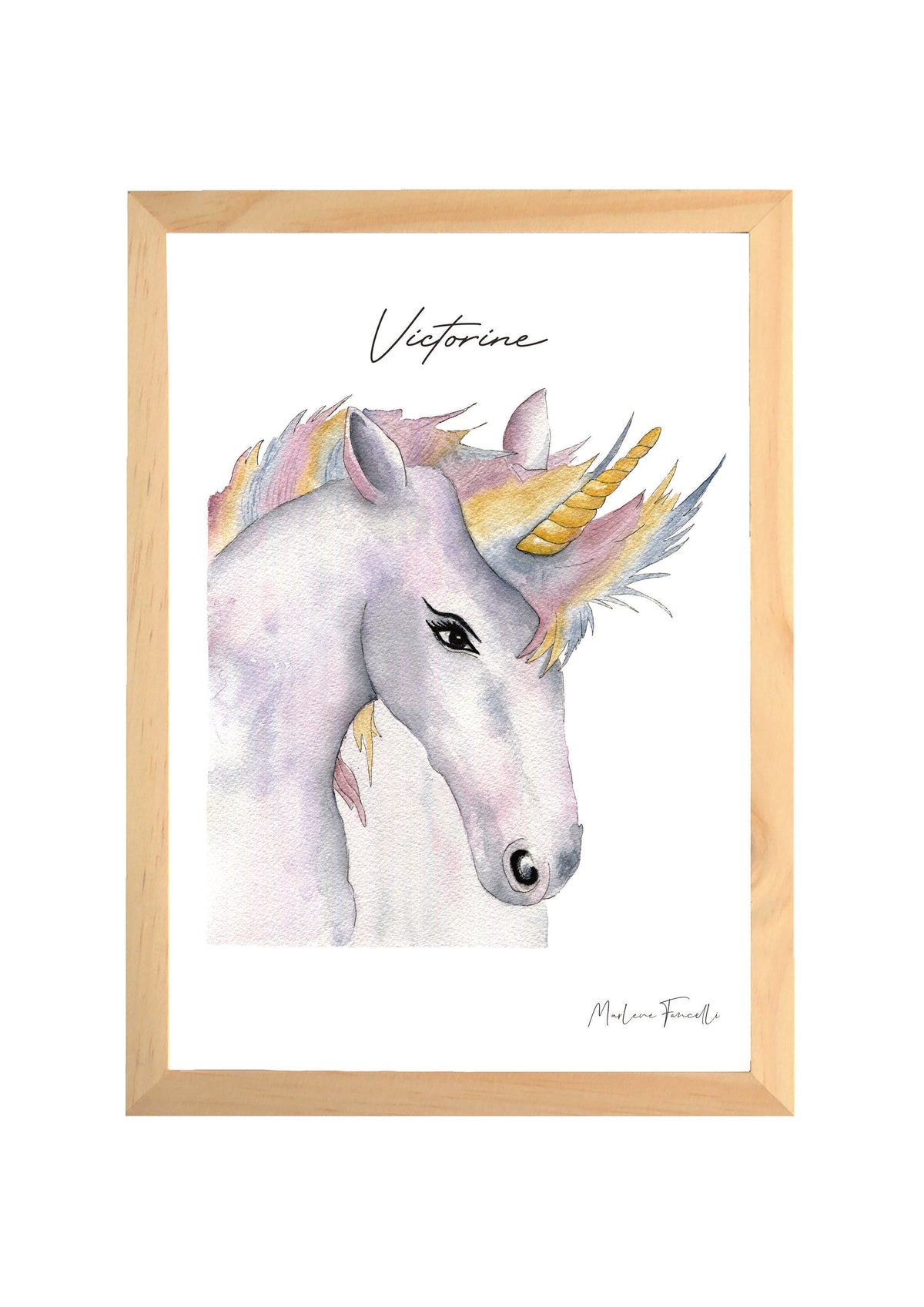 Poster licorne encadré bois, décoration murale chambre enfant thème féérique et magique à personnaliser