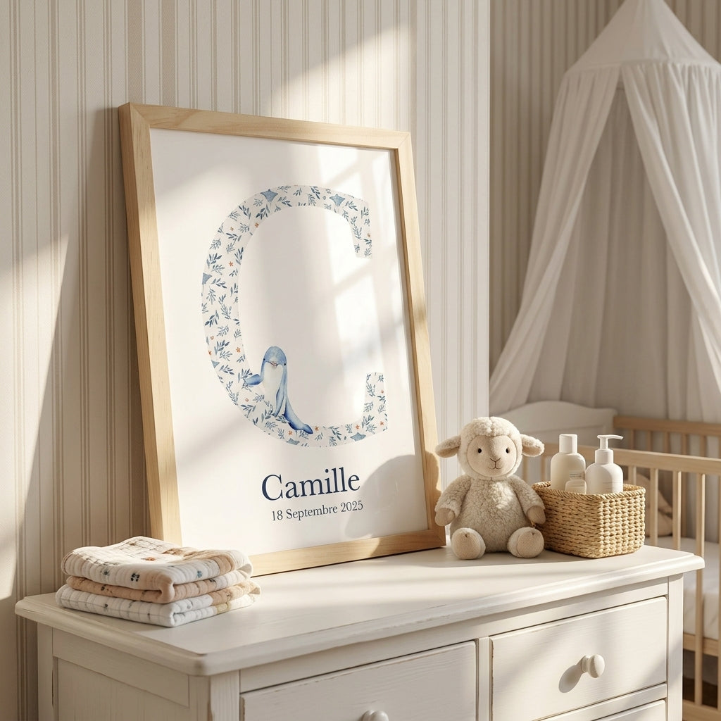 Affiche naissance personnalisée avec initiale, prénom et date de naissance thème océan
