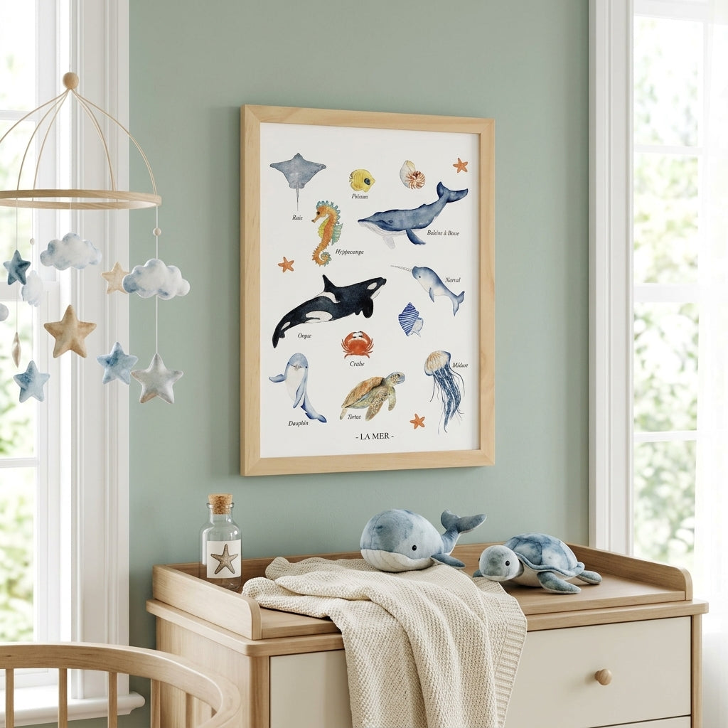 Illustration animaux marins aquarelle pour décoration murale chambre bébé thème mer et océan.