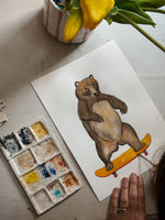 Poster ours aquarelle skateboard, idée cadeau anniversaire enfant décoration chambre fun



