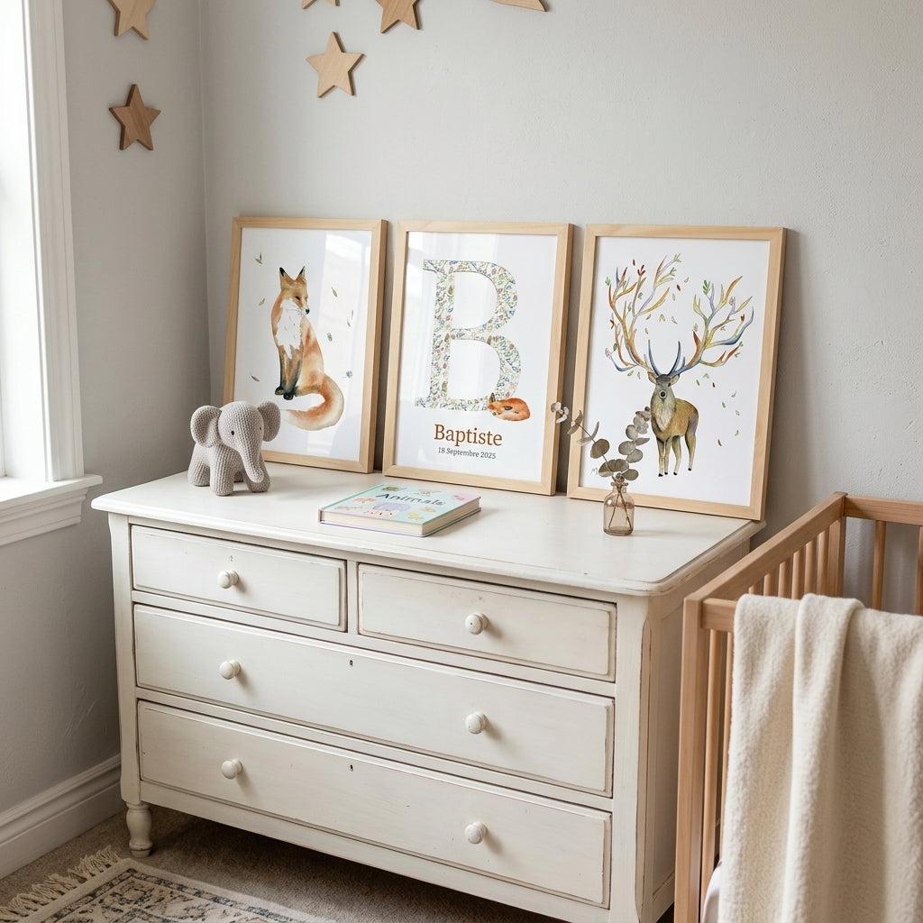 Affiche personnalisée bébé avec lettre, prénom et date de naissance, univers forêt peint à l’aquarelle