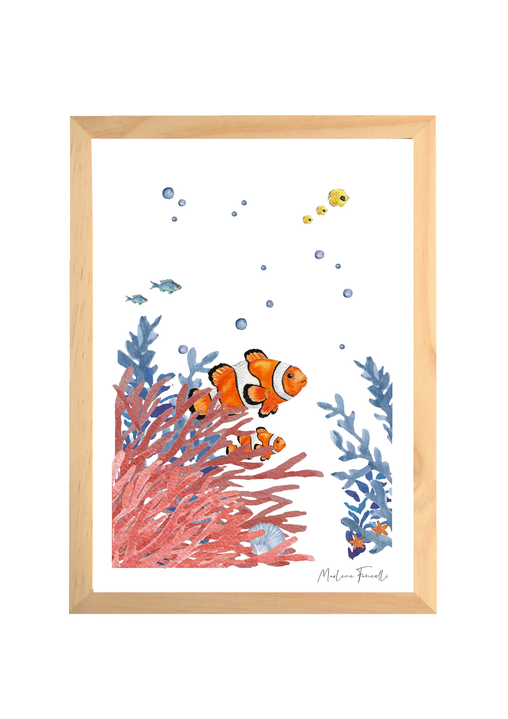 Affiche poisson clown aquarelle dans son anémone pour chambre bébé avec décoration sous-marine et cadre en bois naturel