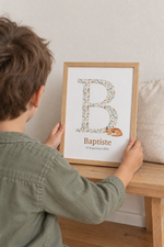 Affiche aquarelle personnalisée avec la lettre, le prénom et la date de naissance de l'enfant pour une décoration chambre foret