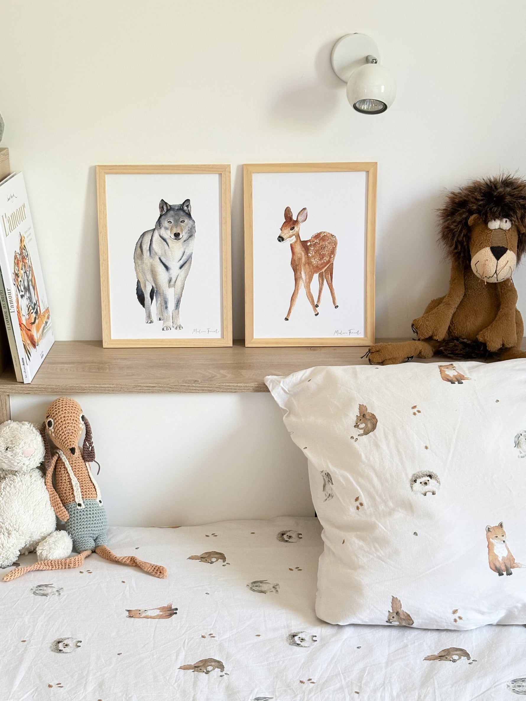 Poster aquarelle animaux de la foret : loup, biche pour décoration chambre enfant